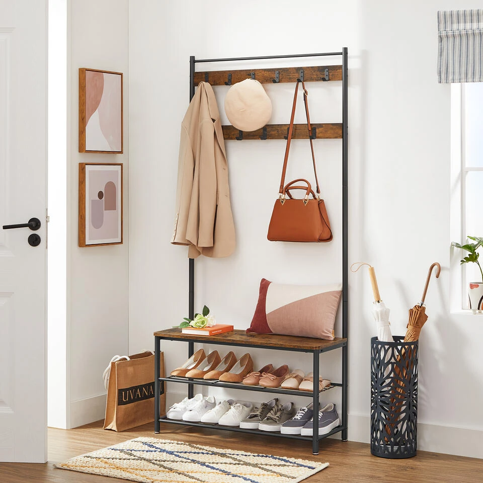 ACAZA Garderoberek XL Met Schoenenbank En Kapstok, Bruin Zwart Vintage 2 ACAZA Garderoberek XL Met Schoenenbank En Kapstok, Bruin Zwart Vintage - Afbeelding 2