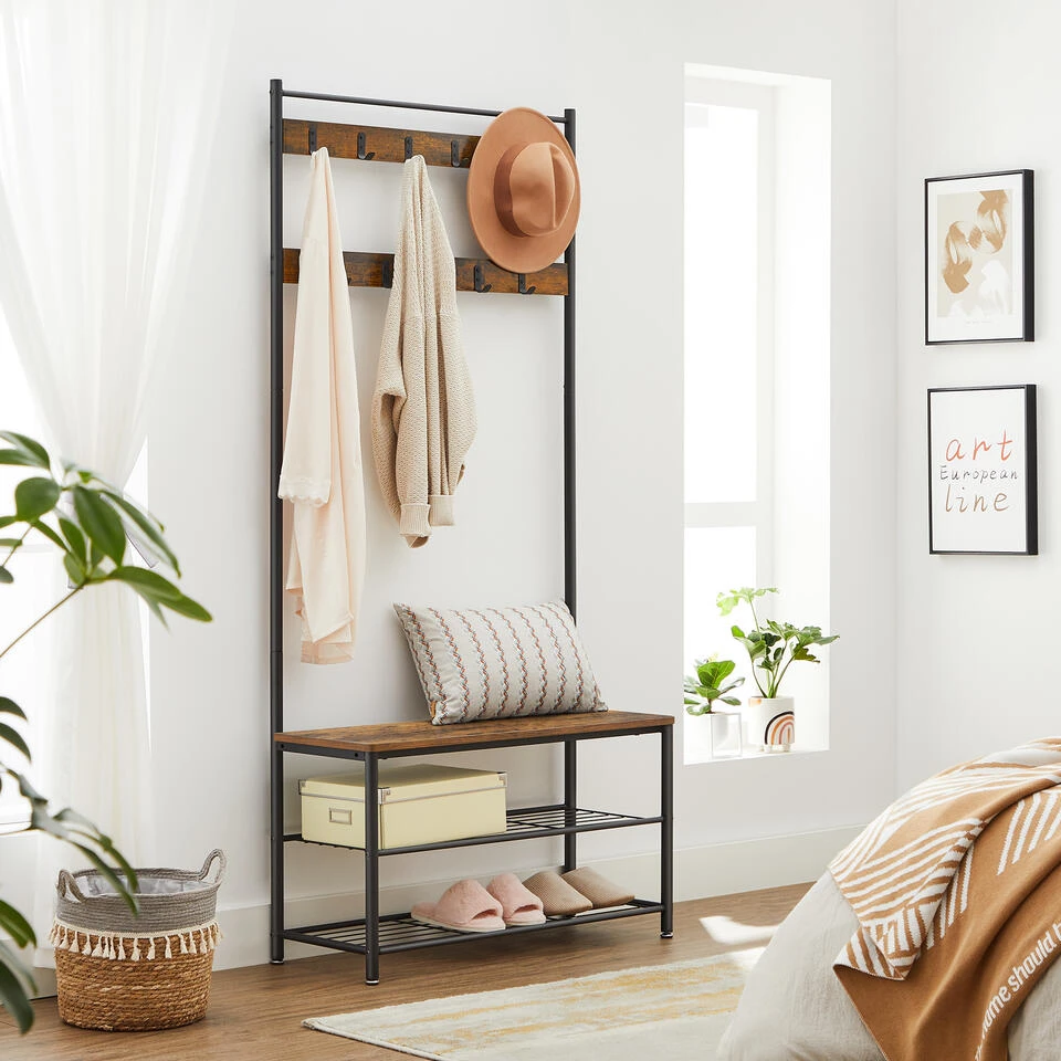 ACAZA Garderoberek XL Met Schoenenbank En Kapstok, Bruin Zwart Vintage 3 ACAZA Garderoberek XL Met Schoenenbank En Kapstok, Bruin Zwart Vintage - Afbeelding 3