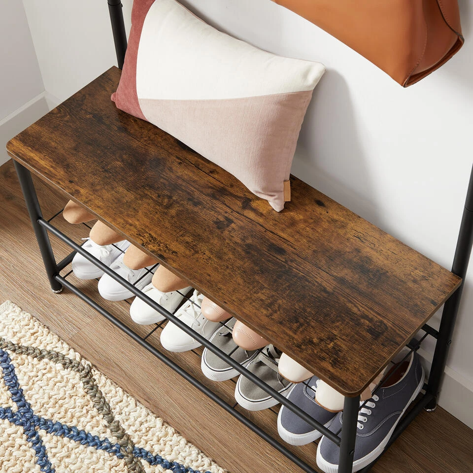 ACAZA Garderoberek XL Met Schoenenbank En Kapstok, Bruin Zwart Vintage 4 ACAZA Garderoberek XL Met Schoenenbank En Kapstok, Bruin Zwart Vintage - Afbeelding 4